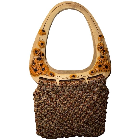 Handmade Handbags - Vtg Handmade Macrame Wood Handle Carved Sunflowers Purse Boho 70's Style